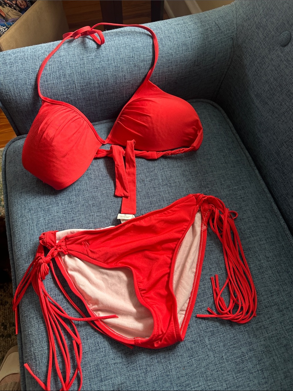 Ralph Lauren Orange-Red Halter Tie-Side Bikini with Fringe Bottom